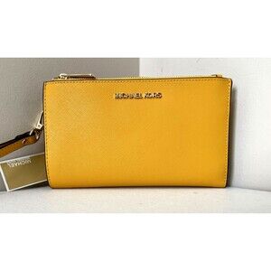 New Michael Kors Jet Set Travel Double Zip Wallet Leather Jasmine Yellow